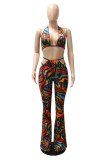 Multicolor Fashion Sexy Print Bandage Backless Halter Sleeveless Three-piece Set