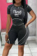 Black Casual Sportswear Print Patchwork O Neck Short Sleeve Two Pieces