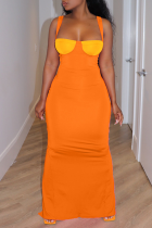 Tangerine Red Fashion Solid Patchwork Spaghetti Strap Pencil Skirt Dresses