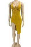 Yellow Sexy Solid Bandage Hollowed Out Patchwork Slit Spaghetti Strap Sling Dress Dresses