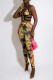 Rose Pink Fashion Sexy Print Patchwork Backless Spaghetti Strap Sleeveless Two Pieces