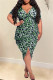 Green Fashion Casual Plus Size Print Leopard Split Joint V Neck Short Sleeve Dress (Without Belt)