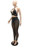 Black Sexy Solid Hollowed Out Patchwork See-through Backless Spaghetti Strap Sleeveless Two Pieces