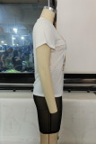 White Fashion Casual Print See-through O Neck Short Sleeve Two Pieces