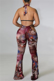 Multicolor Fashion Sexy Print Bandage Backless Halter Sleeveless Three-piece Set