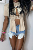 Apricot Sexy Street Print Patchwork Slit O Neck T-Shirts