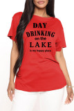 Red Plus Size Casual Letter Print Basic O Neck T-Shirts