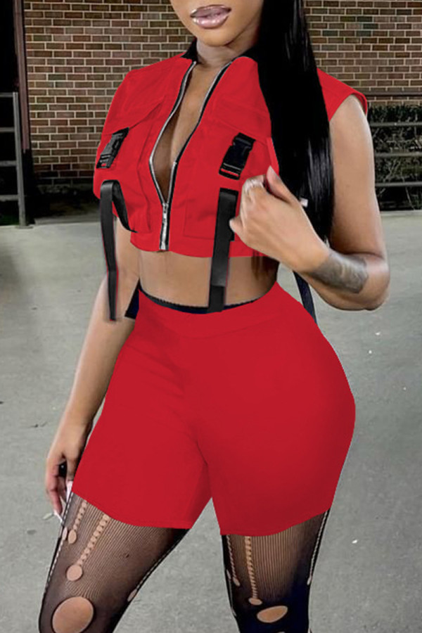 Red Fashion Casual Solid Patchwork Zipper Collar Sleeveless Two Pieces