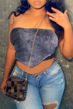 Grey Fashion Sexy Print Tie Dye Patchwork Backless Strapless Tops
