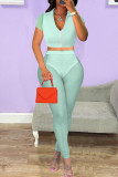 Mint green Sexy Solid Split Joint Zipper Turndown Collar Short Sleeve Two Pieces