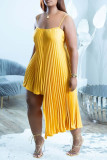 Red Sexy Solid Patchwork Fold Asymmetrical Spaghetti Strap Sling Dress Dresses