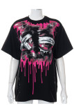 Rose Red Street Print Patchwork O Neck T-Shirts