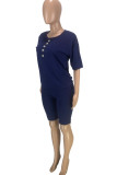 Deep Blue Fashion Casual Solid Buttons O Neck Short Sleeve Two Pieces