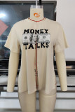Apricot Sexy Street Print Patchwork Slit O Neck T-Shirts
