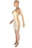 Khaki Fashion Sexy Solid Hollowed Out Backless V Neck Sling Dress