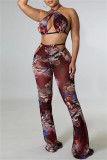 Multicolor Fashion Sexy Print Bandage Backless Halter Sleeveless Three-piece Set
