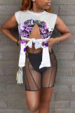 White Casual Print Bandage Patchwork Slit O Neck Sleeveless Two Pieces