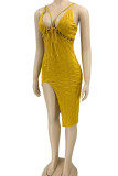 Yellow Sexy Solid Bandage Hollowed Out Patchwork Slit Spaghetti Strap Sling Dress Dresses