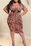 Orange Fashion Casual Plus Size Print Leopard Split Joint V Neck Short Sleeve Dress (Without Belt)