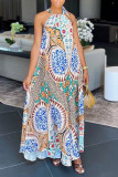 Blue Casual Sweet Print Patchwork Spaghetti Strap Straight Dresses