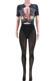 Black Sexy Print Patchwork See-through O Neck Short Sleeve Two Pieces