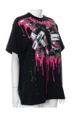 Rose Red Street Print Patchwork O Neck T-Shirts