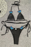 Black Fashion Sexy Embroidery Bandage Hollowed Out Backless Swimwears (With Paddings)