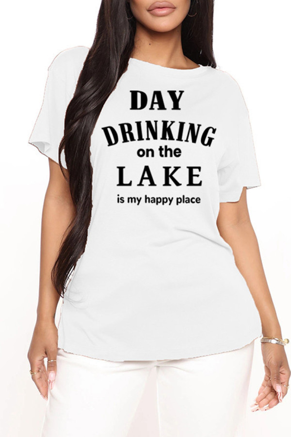 White Plus Size Casual Letter Print Basic O Neck T-Shirts