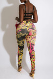 White Fashion Sexy Print Patchwork Backless Spaghetti Strap Sleeveless Two Pieces
