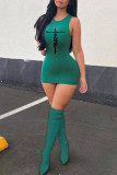 Green Fashion Casual Print Basic O Neck Sleeveless Dress