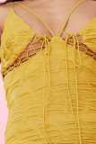Yellow Sexy Solid Bandage Hollowed Out Patchwork Slit Spaghetti Strap Sling Dress Dresses