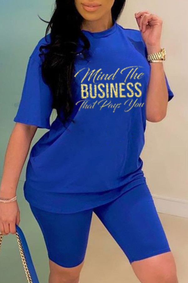 Blue Fashion Casual Print Basic O Neck Short Sleeve Two Pieces
