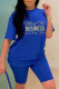 Blue Fashion Casual Print Basic O Neck Short Sleeve Two Pieces