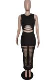 Black Sexy Solid Hollowed Out Patchwork O Neck One Step Skirt Dresses