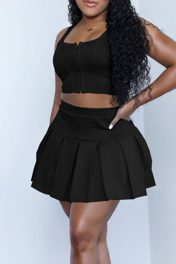 Black Sexy Solid Patchwork U Neck Sleeveless Two Pieces