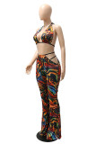 Multicolor Fashion Sexy Print Bandage Backless Halter Sleeveless Three-piece Set