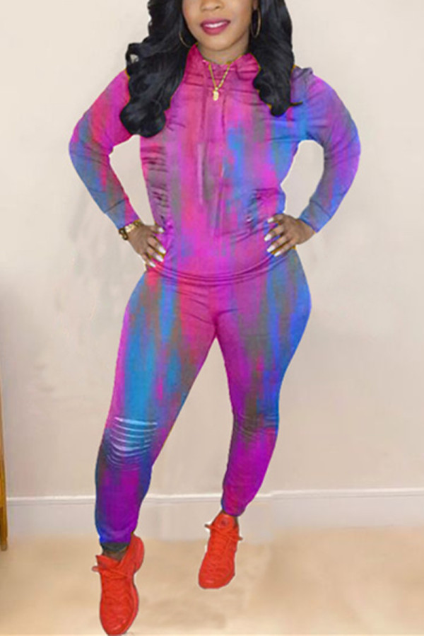 Rose Red Fashion Casual Print Tie Dye Ripped Hooded Collar Long Sleeve Two Pieces