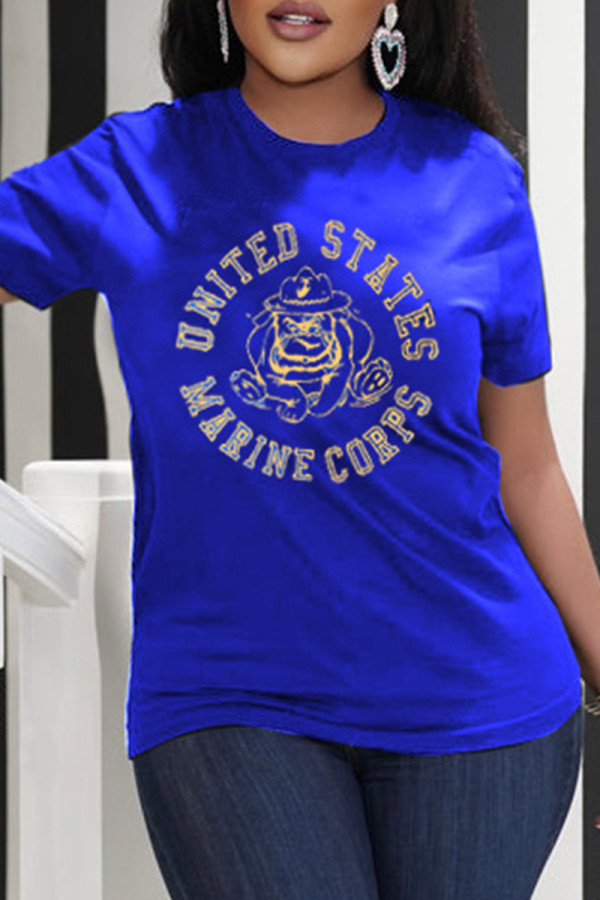 Blue Fashion Casual Print Basic O Neck T-Shirts
