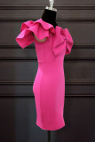 Rose Red Fashion Sexy Solid Patchwork Backless With Bow One Shoulder Evening Dress