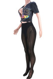 Black Sexy Print Patchwork See-through O Neck Short Sleeve Two Pieces