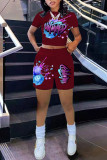 Blue Fashion Casual Print Basic O Neck Short Sleeve Two Pieces