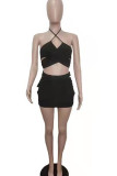 Black Sexy Solid Bandage Hollowed Out Split Joint Backless Halter Two Pieces