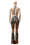 Multicolor Fashion Sexy Print Bandage Backless Halter Sleeveless Three-piece Set