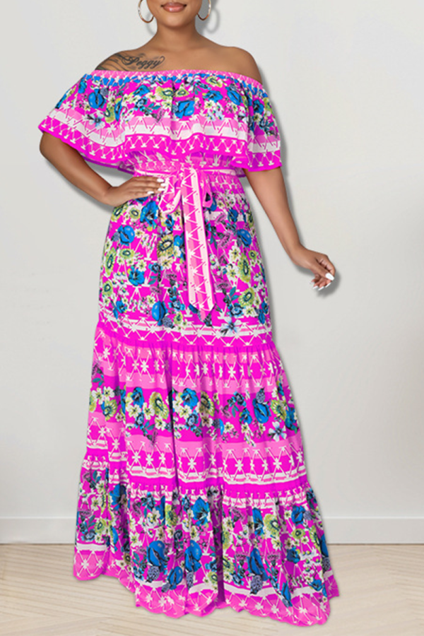 Rose Red Fashion Print Flounce Off the Shoulder Cake Skirt Dresses