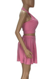 Pink Sexy Solid Hollowed Out Split Joint Backless Halter Sleeveless Two Pieces