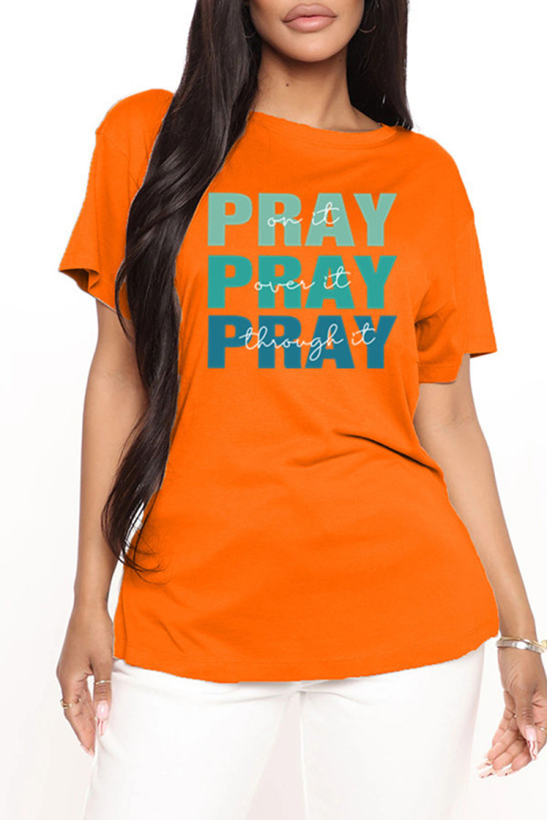 Orange Fashion Casual Letter Print Basic O Neck T-Shirts