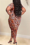 Orange Fashion Casual Plus Size Print Leopard Split Joint V Neck Short Sleeve Dress (Without Belt)