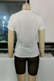 White Fashion Casual Print See-through O Neck Short Sleeve Two Pieces