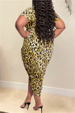 Yellow Fashion Casual Plus Size Print Leopard Split Joint V Neck Short Sleeve Dress (Without Belt)