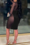 Black Fashion Sexy Patchwork See-through O Neck Long Sleeve Dresses